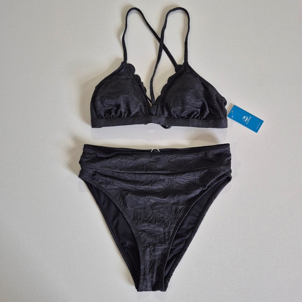 Cupshe Black Textured Floral Scalloped High Waisted Bikini Set New With Tags L